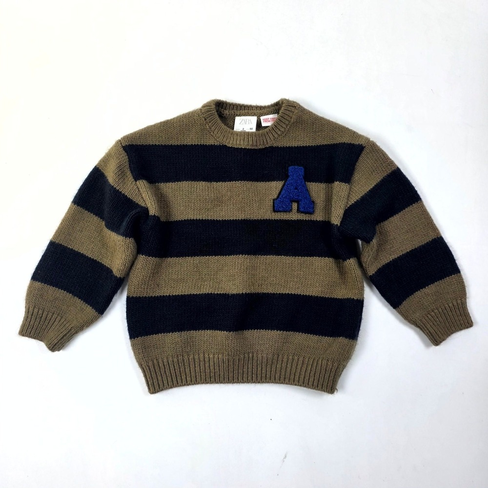 Zara Sweater 2T Brown Navy Striped Varsity Letter A Patch Knit Pullover Top